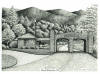 Montreat Gate in Black Mountain NC, pen & ink drawing by Lee James Pantas
